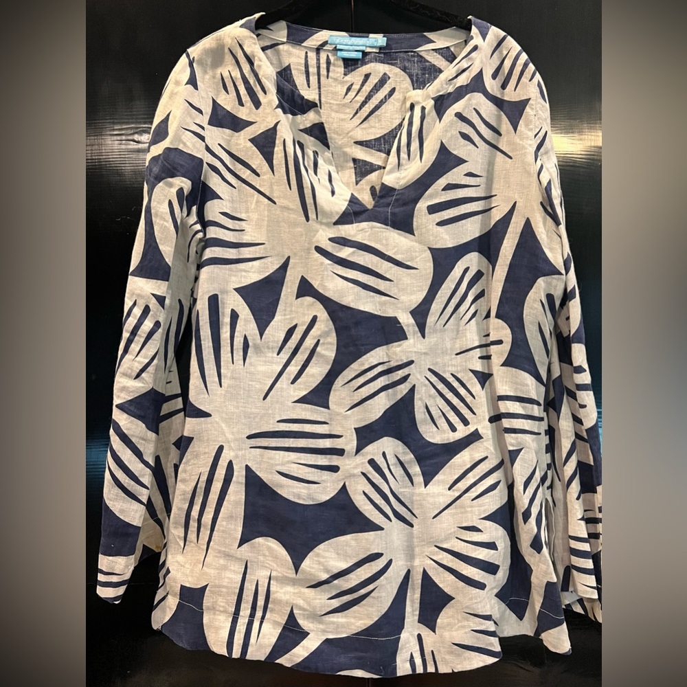 Navy and White Leaf Print Women's Top